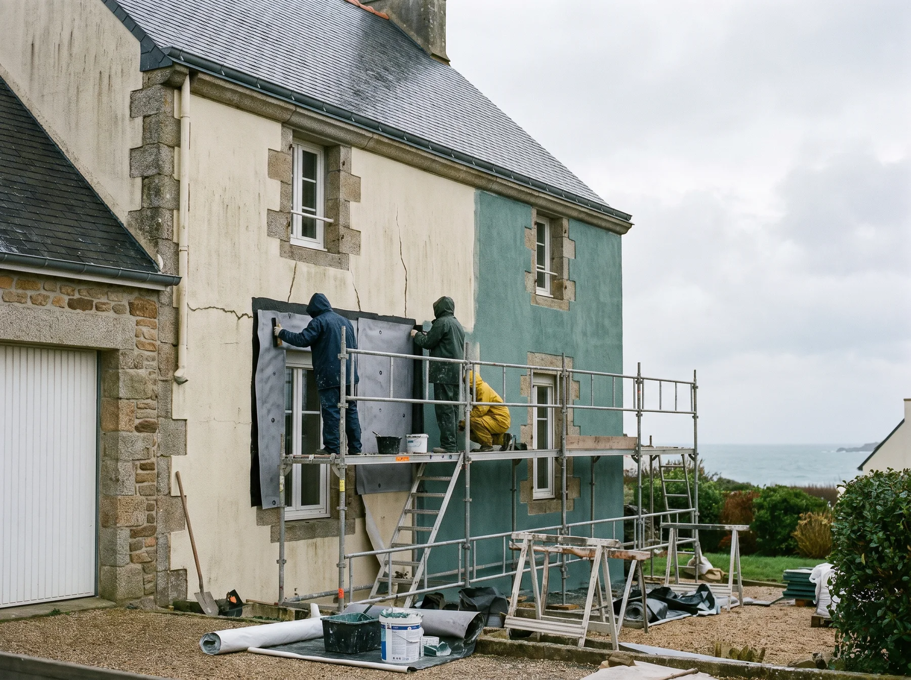 Travaux d'étanchéité sur une façade de maison