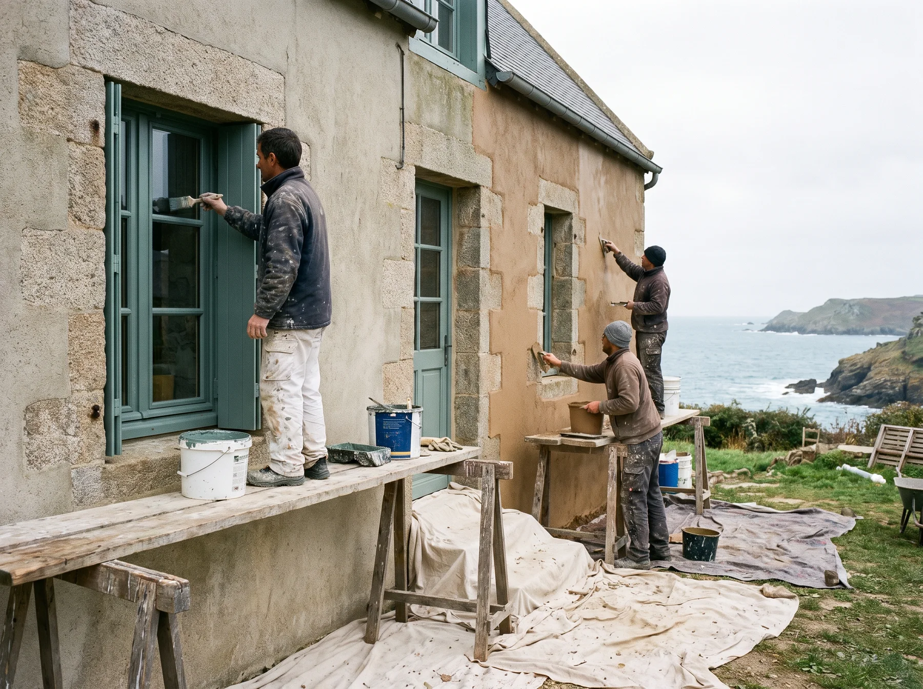 Application d'une peinture extérieure sur une maison du Finistère